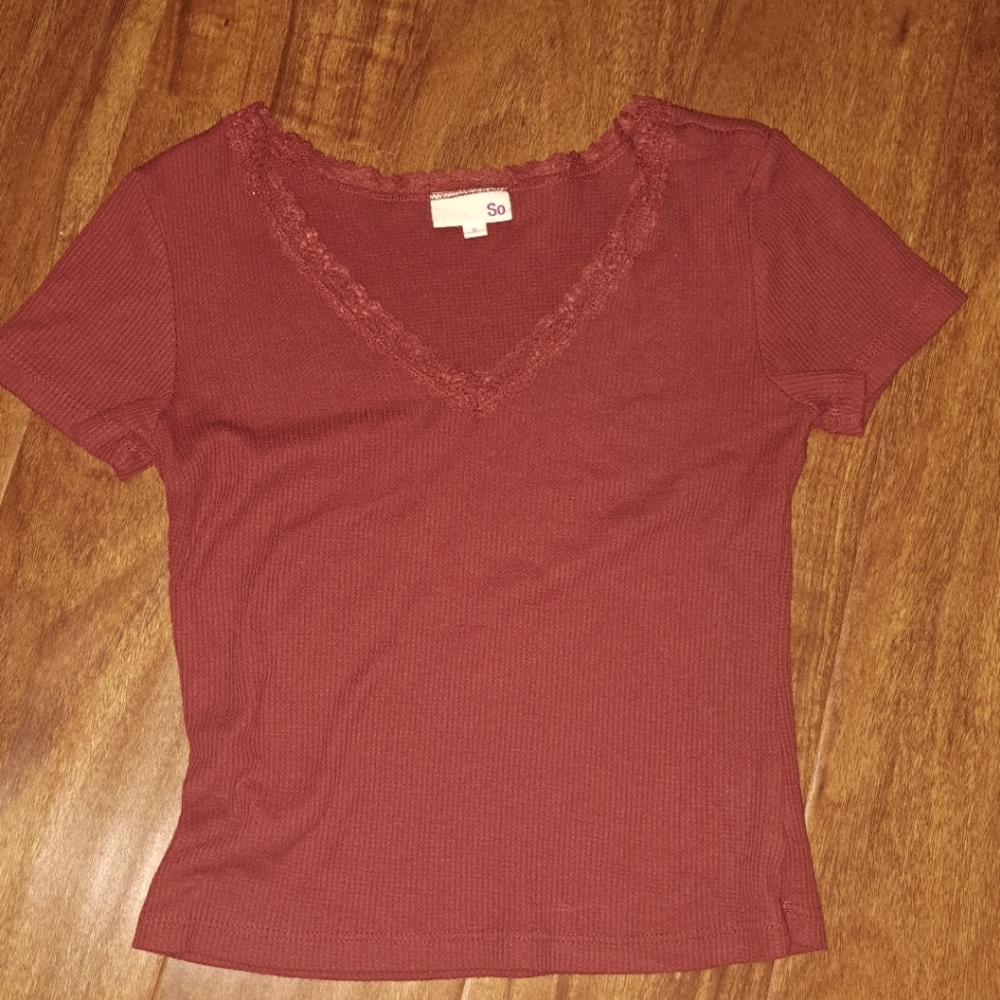 SO Burgundy baby doll tee with lace neckline